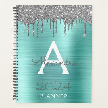 2023 Silver Teal Aqua Blue Glitter Monogram Planner