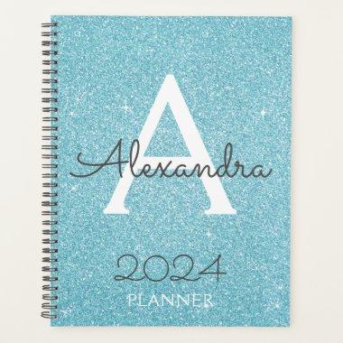 2024 Teal Aqua Blue Glitter Sparkle Monogram Planner