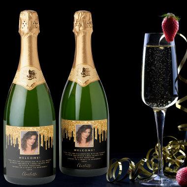21st birthday photo black glitter gold welcome sparkling wine label