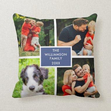 4 Photo Collage Family Name Throw Pillow