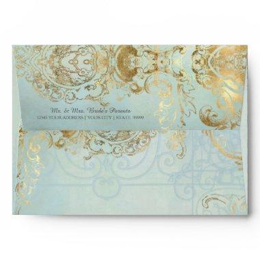 A7 Blue n Gold Foil Scroll Swirl Elegant Vintage Envelope