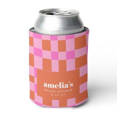 Abstract Checker Pink Orange Custom Bridal Shower Can Cooler