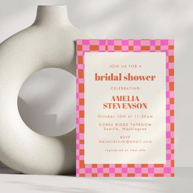 Abstract Checkered Art Pink Orange Bridal Shower Invitations