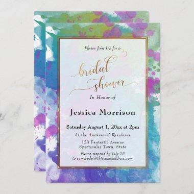 Abstract Colorful Splatters Gold Bridal Showers Invitations