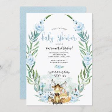 Adorable Woodland Floral Greenery Baby Shower Invitations