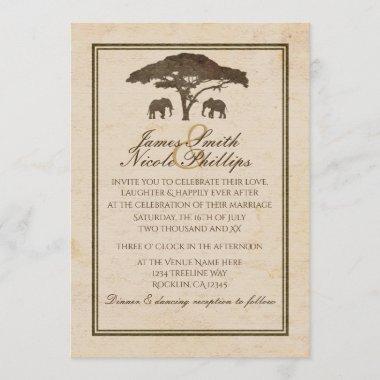 African Safari Elephants & Tree Vintage Wedding Invitations
