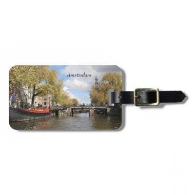 Amsterdam, Canal, Bridge, Houseboat, Church Spire Luggage Tag