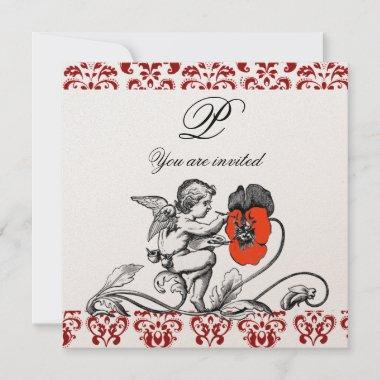 ANGEL PAINTING A RED FLOWER DAMASK MONOGRAM gold Invitations