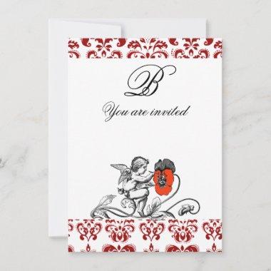 ANGEL PAINTING A RED FLOWER DAMASK MONOGRAM Invitations
