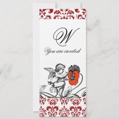 ANGEL PAINTING A RED FLOWER DAMASK MONOGRAM linen Invitations