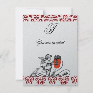 ANGEL PAINTING A RED FLOWER DAMASK MONOGRAM Silver Invitations