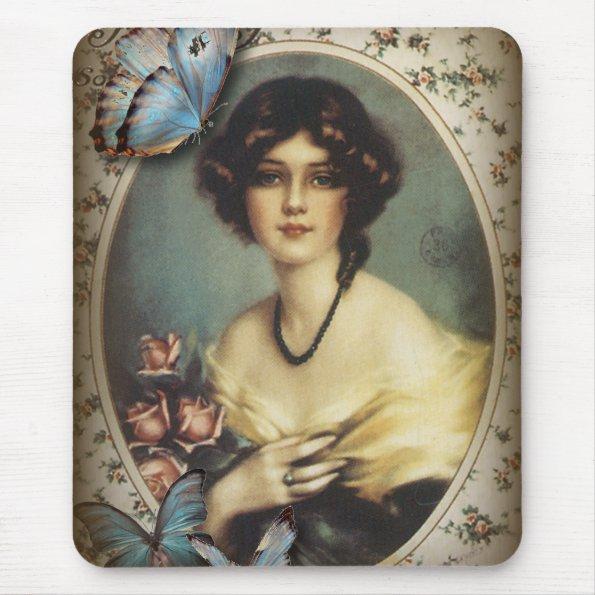 Antique Floral butterfly parisian girl victorian Mouse Pad