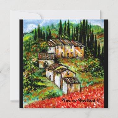 ANTIQUE RUSTIC VILLAGE IN TUSCANY, red blue black Invitations