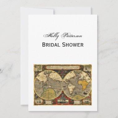 Antique World Map #2, DIY White BG V Bridal Shower Invitations
