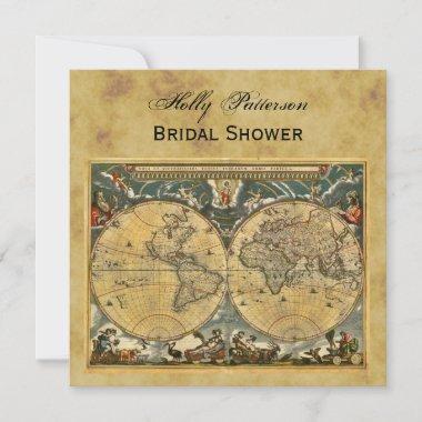 Antique World Map, Distressed BG SQ Bridal Shower Invitations