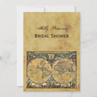 Antique World Map, Distressed BG V Bridal Shower Invitations