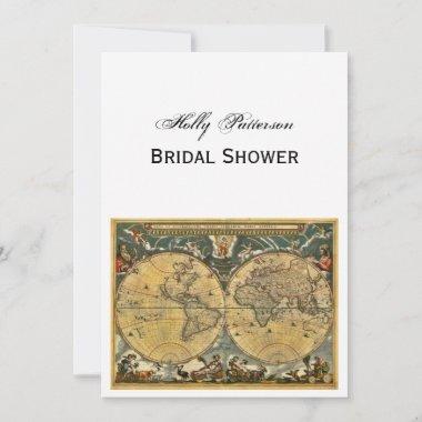 Antique World Map, White BG V Bridal Shower Invitations