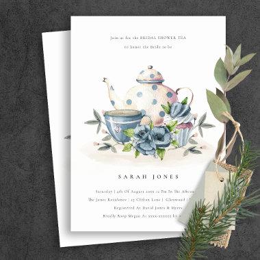 Aqua Blue Floral Teapot Cup Bridal Shower Invite