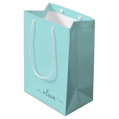 Aqua Blue Teal Modern Script Girly Monogram Name Medium Gift Bag
