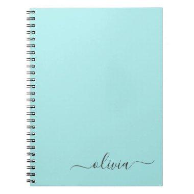 Aqua Blue Teal Modern Script Girly Monogram Name Notebook
