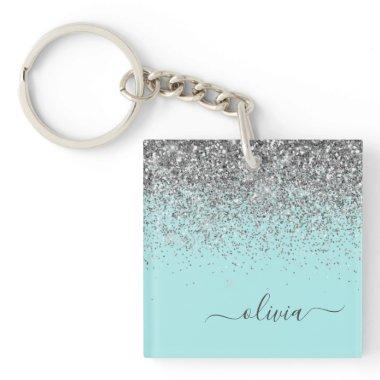 Aqua Blue Teal Silver Glitter Monogram Keychain