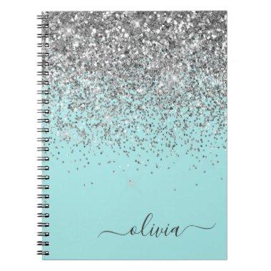 Aqua Blue Teal Silver Glitter Monogram Notebook
