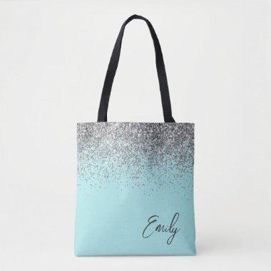 Aqua Blue Teal Silver Glitter Monogram Tote Bag