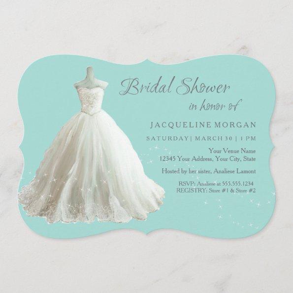 Aqua Elegant Wedding Gown Bridal Shower Invitations