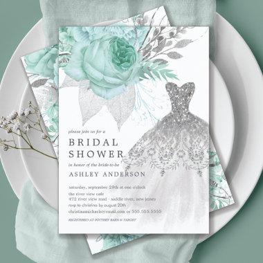 Aqua & Silver Floral Wedding Dress Bridal Shower Invitations