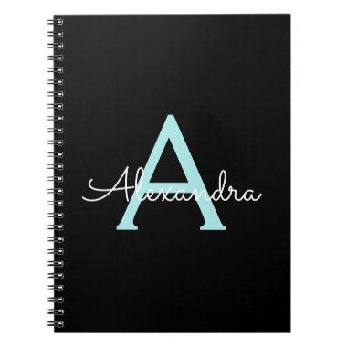 Aqua Teal Blue Script Girly Monogram Name Notebook