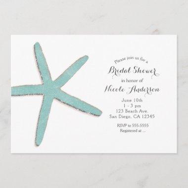 Aqua Teal Blue Starfish White Beach Bridal Shower Invitations