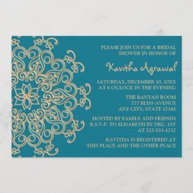 AQUAMARINE BLUE and Gold Indian Bridal Shower Invitations