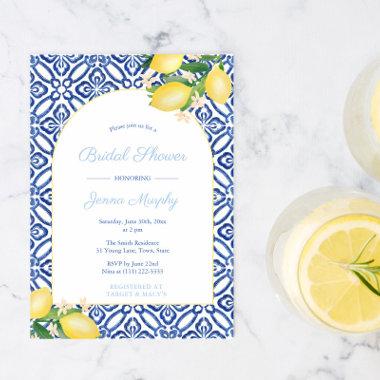 Arch Frame Italian Lemons Blue Tiles Bridal Shower Invitations