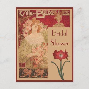 Art Nouveau Red Amaryllis & Lady Bridal Shower Invitations