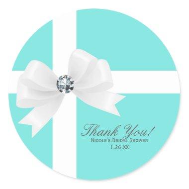 Audrey Blue Bridal Shower White Bow Diamond Favor Classic Round Sticker