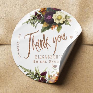 Autumn floral copper bridal shower thank you classic round sticker