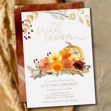 Autumn Flowers and Pumpkin Bridal Shower Rose Gold Foil Invitations