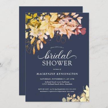 Autumn Navy Blue Botanical Bridal Shower Invitations