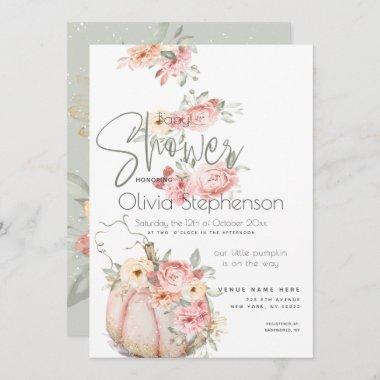 Baby Shower Blush Coral Pumpkin Peony Floral Invitations
