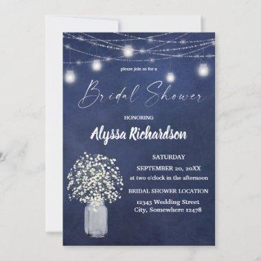 Babys Breath Chalk B & String Lights Bridal Shower Invitations