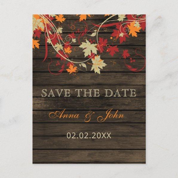 Barn Wood Rustic Fall Leaves Wedding save the date Announcement PostInvitations