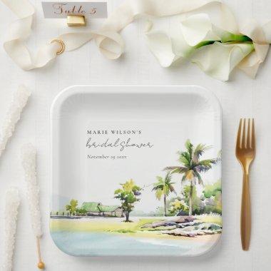 Beach Coastal Palm Trees Watercolor Bridal Shower Paper Plates