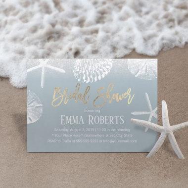 Beach Wedding Bridal Shower Dusty Blue Seashells Invitations