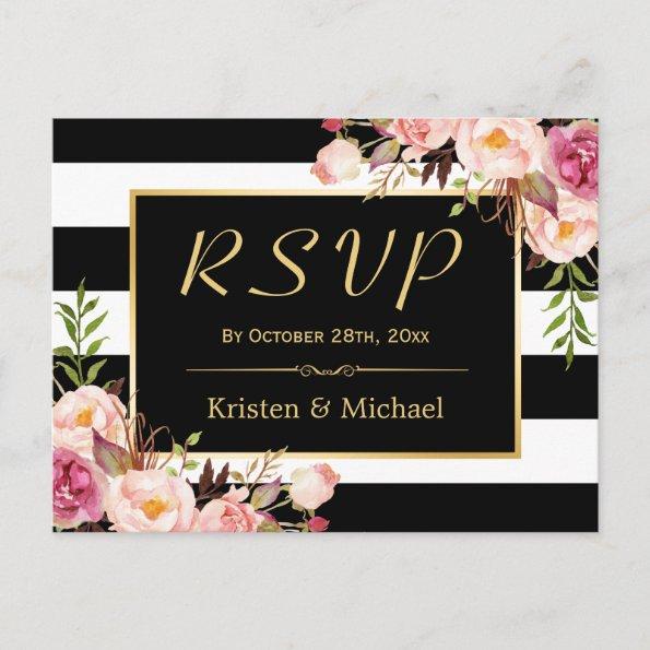Beautiful Floral Black White Stripes Wedding RSVP Invitation PostInvitations