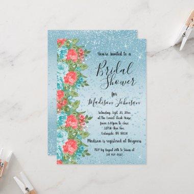 Beautiful Floral Bridal Shower - Blue & Coral Invitations