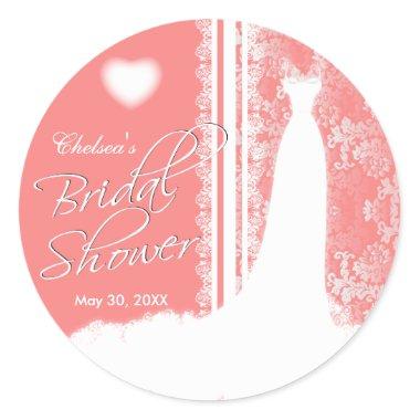 Beautiful Gown Bridal Shower on Coral Classic Round Sticker