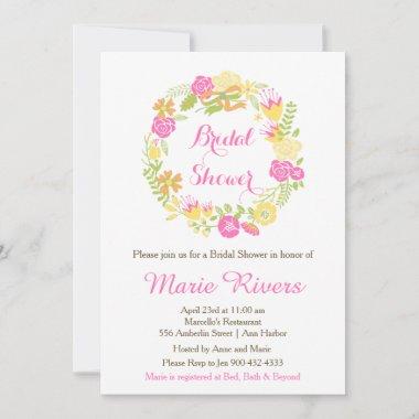 Beautiful Hot Pink Floral Wreath Bridal Shower Invitations