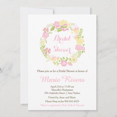 Beautiful Pink Floral Wreath Bridal Shower Invitations