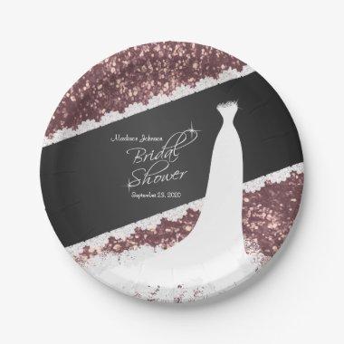Beautiful Rose Gold Glitter with Bridal Gown Paper Plates