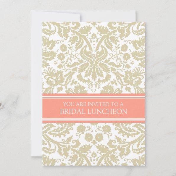 Beige Coral Damask Bridal Lunch Invitations
